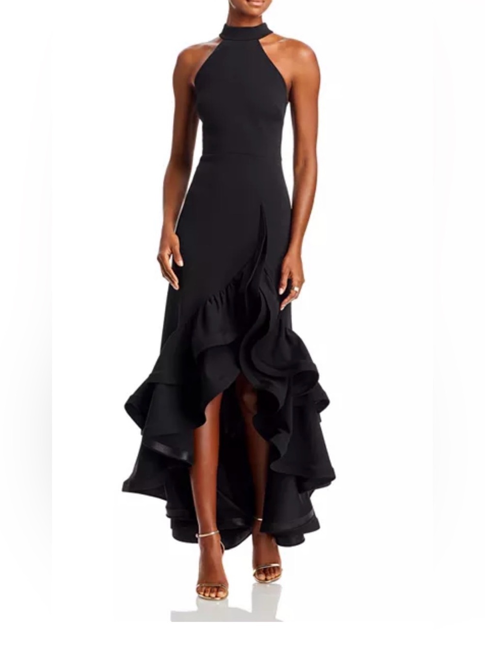 AQUA Racerback Ruffle Hem Gown